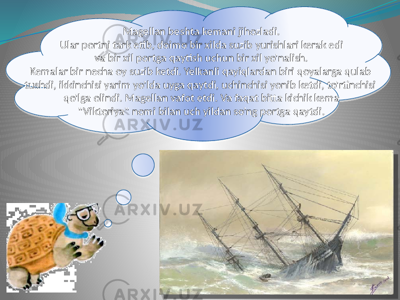 Magellan beshta kemani jihozladi. Ular portni tark etib, doimo bir xilda suzib yurishlari kerak edi va bir xil portga qaytish uchun bir xil yo&#39;nalish. Kemalar bir necha oy suzib ketdi. Yelkanli qayiqlardan biri qoyalarga qulab tushdi, ikkinchisi yarim yo&#39;lda uyga qaytdi, uchinchisi yonib ketdi, to&#39;rtinchisi qo&#39;lga olindi. Magellan vafot etdi. Va faqat bitta kichik kema &#34;Viktoriya&#34; nomi bilan uch yildan so&#39;ng portga qaytdi. 