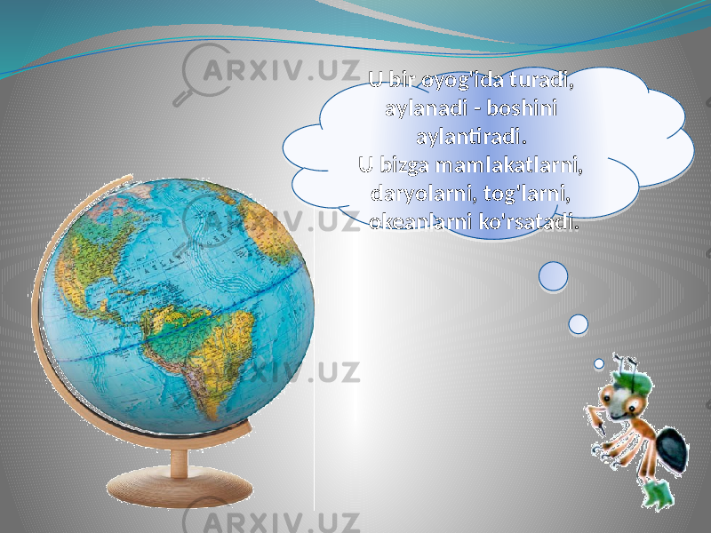 U bir oyog&#39;ida turadi, aylanadi - boshini aylantiradi. U bizga mamlakatlarni, daryolarni, tog&#39;larni, okeanlarni ko&#39;rsatadi.1E 0A 0A 1E 09 04 