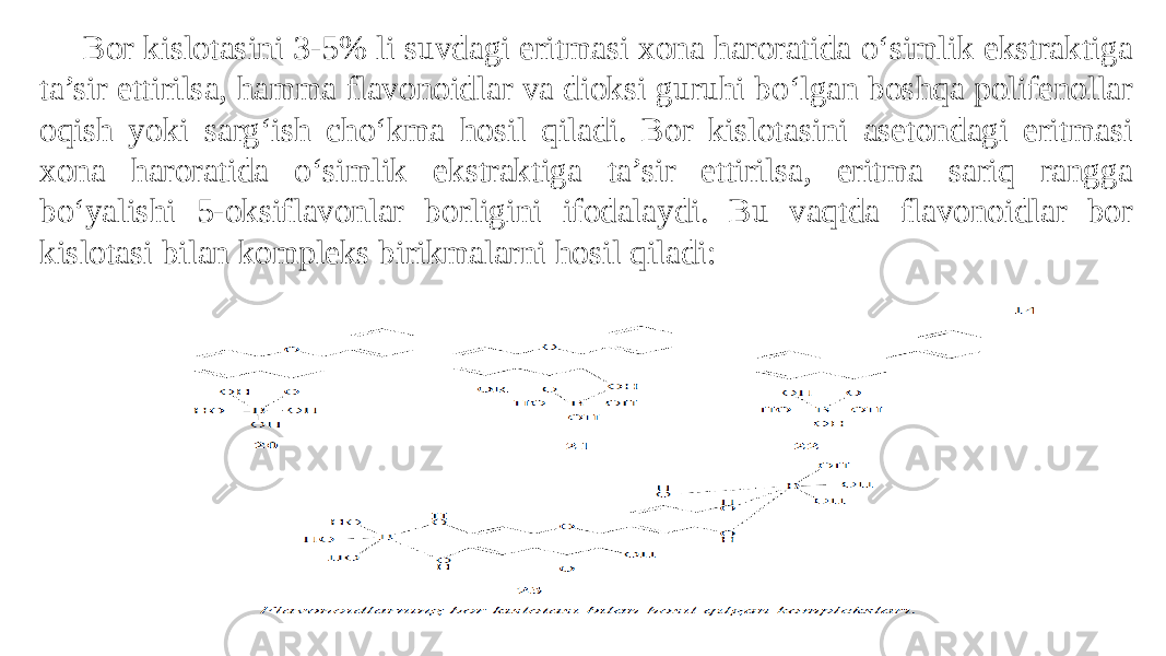 Bor kislotasini 3-5% li suvdagi eritmasi xona haroratida o‘simlik ekstraktiga ta’sir ettirilsa, hamma flavonoidlar va dioksi guruhi bo‘lgan boshqa polifenollar oqish yoki sarg‘ish cho‘kma hosil qiladi. Bor kislotasini asetondagi eritmasi xona haroratida o‘simlik ekstraktiga ta’sir ettirilsa, eritma sariq rangga bo‘yalishi 5-oksiflavonlar borligini ifodalaydi. Bu vaqtda flavonoidlar bor kislotasi bilan kompleks birikmalarni hosil qiladi: 