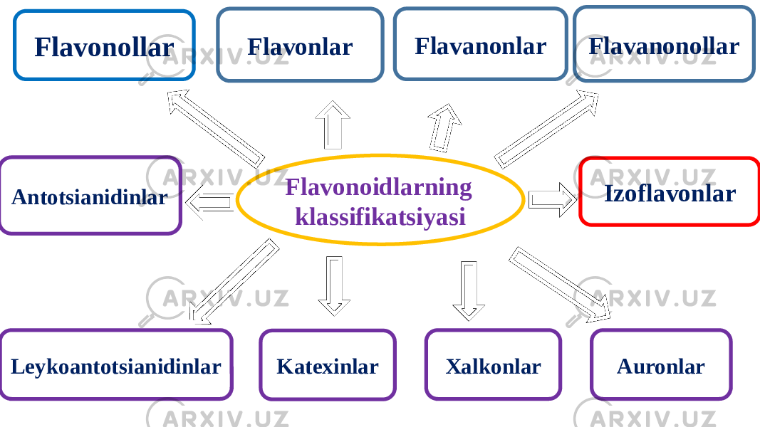 Flavonoidlarning klassifikatsiyasi IzoflavonlarFlavonollar Antotsianidinlar Leykoantotsianidinlar KatexinlarFlavonlar Flavanonlar Flavanonollar Xalkonlar Auronlar 