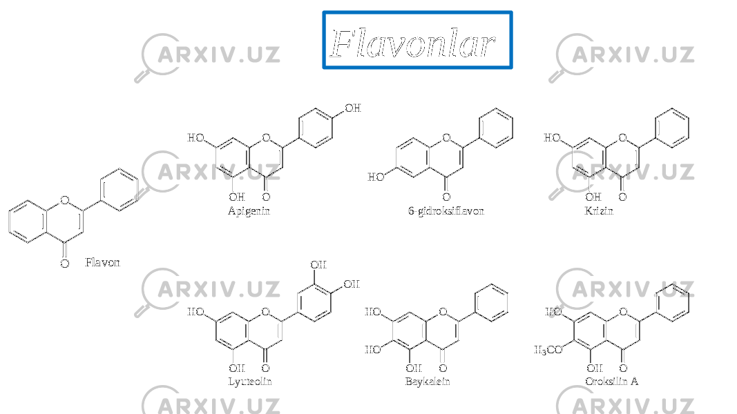 Flavonlar O O Flavon O O H O O H H O A pigenin O O H O 6-gidroksiflavon O O O H H O K rizin O O H O O H H O O H Lyuteolin O O O H H O H O Baykalein O O O H H O H 3CO O roksilin A 