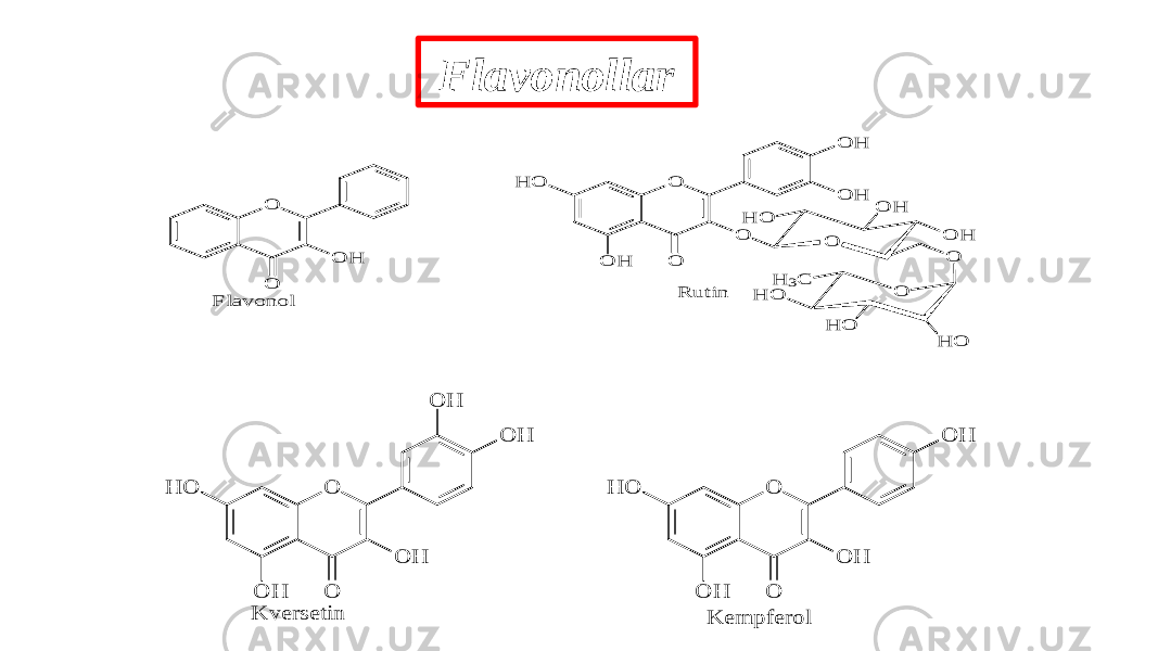  Flavonollar O O O H H O O H O O O H H O O H O O H O H O H O H 3C O H R utin O O O H F lavonol O O O H H O O H O H O O O H H O O H O H O H K em pfero l K v ersetin 