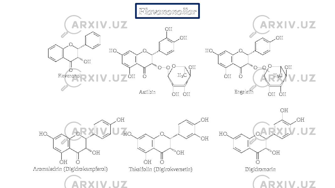 Flavanonollar O O O H F l a v a n o n o l O O OH O O H O H O H O O O H O HO H H 3 C O O OH O O H O H O O O H O HO H H 3 C A s t i l b i n E n g e l e t i nO O O H O H O H H O O O O H H O O H O H O H O O O H H O O H O H A rom aledrin (D igidrokam pferol) Taksifolin (D igirokversetin) D igidrom orin 