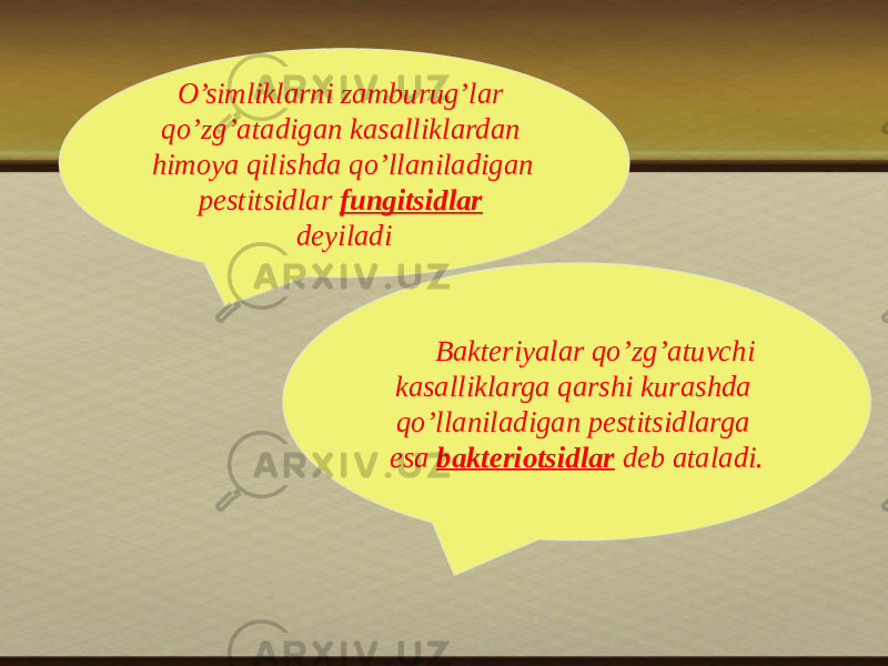 O’simliklarni zamburug’lar qo’zg’atadigan kasalliklardan himоya qilishda qo’llaniladigan pestitsidlar fungitsidlar deyiladi Bakteriyalar qo’zg’atuvchi kasalliklarga qarshi kurashda qo’llaniladigan pestitsidlarga esa bakteriоtsidlar deb ataladi. 