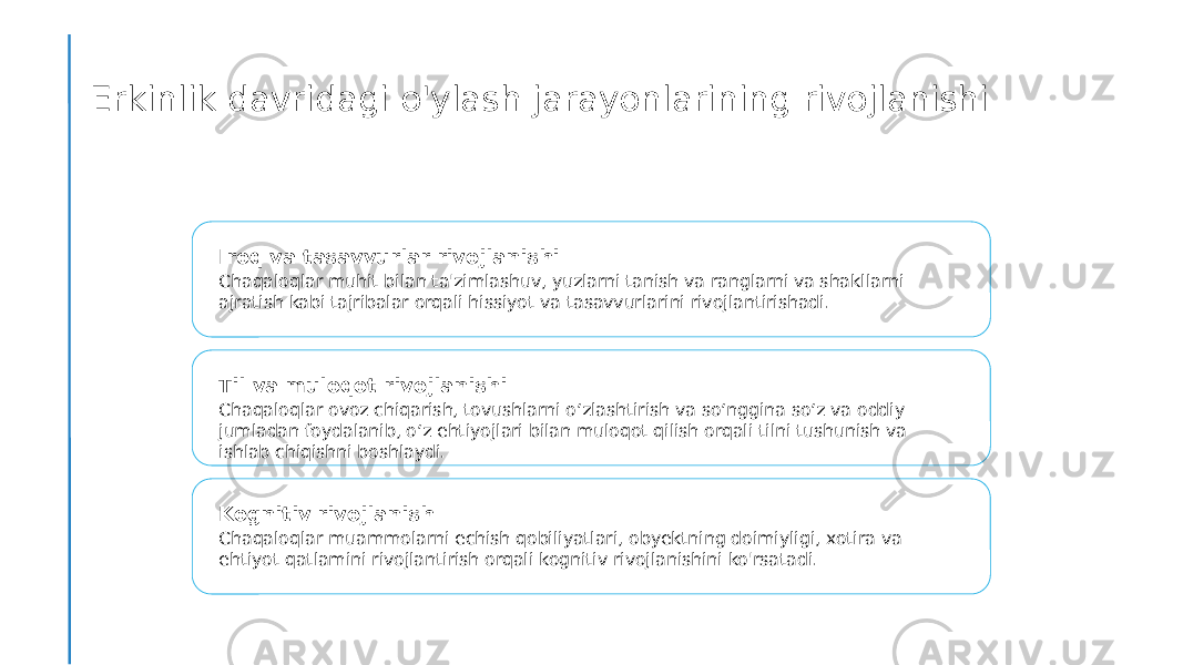 Erkinlik davridagi o&#39;ylash jarayonlarining rivojlanishi Iroq va tasavvurlar rivojlanishi Chaqaloqlar muhit bilan ta&#39;zimlashuv, yuzlarni tanish va ranglarni va shakllarni ajratish kabi tajribalar orqali hissiyot va tasavvurlarini rivojlantirishadi. Til va muloqot rivojlanishi Chaqaloqlar ovoz chiqarish, tovushlarni oʻzlashtirish va soʻnggina soʻz va oddiy jumladan foydalanib, oʻz ehtiyojlari bilan muloqot qilish orqali tilni tushunish va ishlab chiqishni boshlaydi. Kognitiv rivojlanish Chaqaloqlar muammolarni echish qobiliyatlari, obyektning doimiyligi, xotira va ehtiyot qatlamini rivojlantirish orqali kognitiv rivojlanishini ko&#39;rsatadi. 