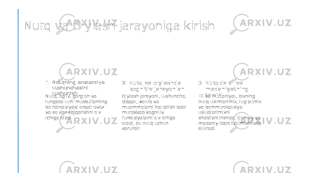 Nutq va O&#39;ylash jarayoniga kirish 1 2 3Nutqning anatomiya tushunchasini tushunish Nutq va o&#39;ylashda kognitiv jarayonlar Nutqda til va madaniyatning ta&#39;siri Nutq, og&#39;iz, gorg&#39;oh va lungsda turli muskullarning ko&#39;rdinatsiyasi orqali ovoz va so&#39;zlar chiqarishni o&#39;z ichiga oladi. O&#39;ylash jarayoni, tushuncha, diqqat, xotira va muammolarni hal qilish kabi murakkab kognitiv funktsiyalarni o&#39;z ichiga oladi, bu nutq uchun zarurdir. Til va madaniyat, bizning nutq tizimlarimiz, lug&#39;atimiz va kommunikatsiya uslublarimizni shakllantirishda, ijtimoiy va madaniy identitetimizni aks ettiradi. 