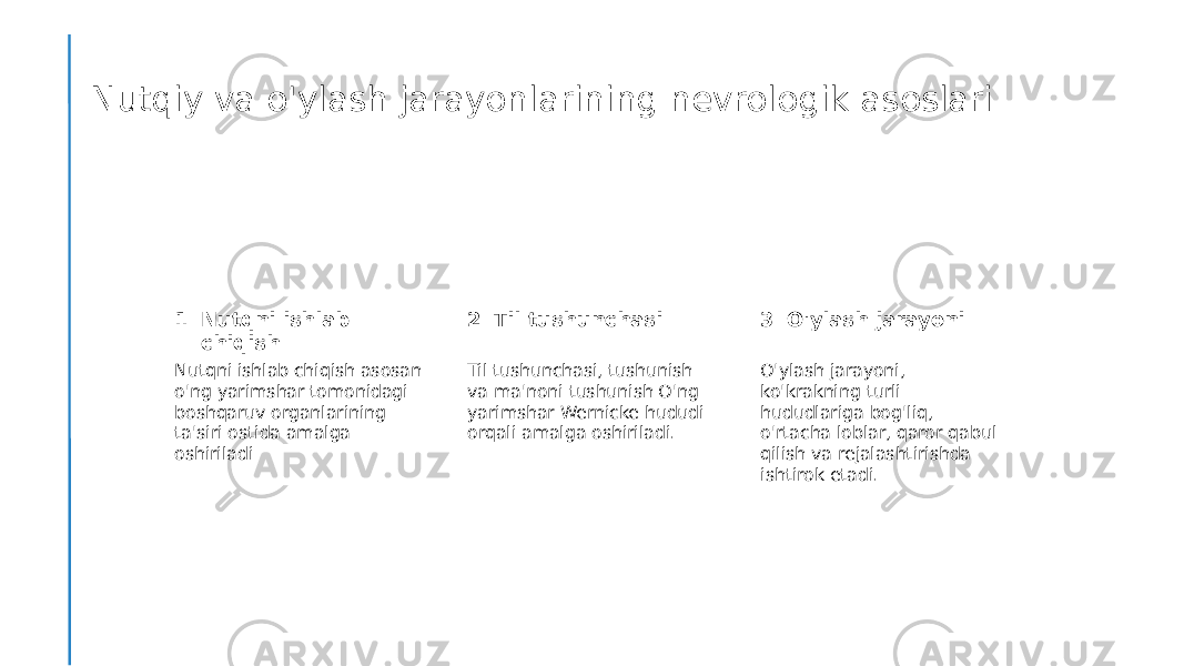 Nutqiy va o&#39;ylash jarayonlarining nevrologik asoslari 1 2 3Nutqni ishlab chiqish Til tushunchasi O&#39;ylash jarayoni Nutqni ishlab chiqish asosan o&#39;ng yarimshar tomonidagi boshqaruv organlarining ta&#39;siri ostida amalga oshiriladi Til tushunchasi, tushunish va ma&#39;noni tushunish O&#39;ng yarimshar Wernicke hududi orqali amalga oshiriladi. O&#39;ylash jarayoni, ko&#39;krakning turli hududlariga bog&#39;liq, o&#39;rtacha loblar, qaror qabul qilish va rejalashtirishda ishtirok etadi. 