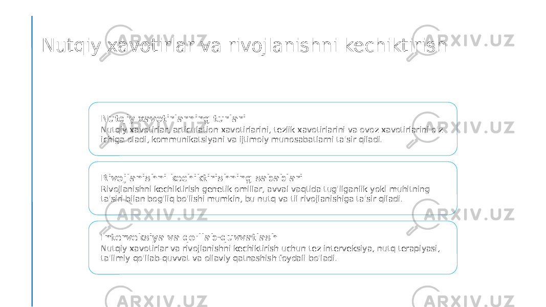 Nutqiy xavotirlar va rivojlanishni kechiktirish Nutqiy xavotirlarning turlari Nutqiy xavotirlar, articulation xavotirlarini, tezlik xavotirlarini va ovoz xavotirlarini o&#39;z ichiga oladi, kommunikatsiyani va ijtimoiy munosabatlarni ta&#39;sir qiladi. Rivojlanishni kechiktirishning sabablari Rivojlanishni kechiktirish genetik omillar, avval vaqtida tug&#39;ilganlik yoki muhitning ta&#39;siri bilan bog&#39;liq bo&#39;lishi mumkin, bu nutq va til rivojlanishiga ta&#39;sir qiladi. Interveksiya va qo&#39;llab-quvvatlash Nutqiy xavotirlar va rivojlanishni kechiktirish uchun tez interveksiya, nutq terapiyasi, ta&#39;limiy qo&#39;llab-quvvat va oilaviy qatnashish foydali bo&#39;ladi. 