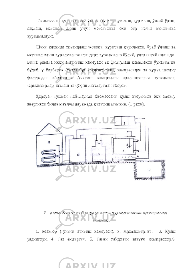 - биомассани қуритиш системаси (центрафугалаш, қуритиш, ўлчаб ўраш, сақлаш, метанол олиш учун метантанка ёки бир нечта метантака қурилмалари). Шуни алоҳида таъкидлаш жоизки, қуритиш қурилмаси, ўраб ўлчаш ва метанол олиш қурилмалари стандарт қурилмалар бўлиб, улар сотиб олинади. Битта рамага иккита ачитиш камераси ва филтрлаш комплекси ўрнатилган бўлиб, у барбатаж (сувга буғ аралаштириш) камерасидан ва қуруқ цеолит филтридан иборатдир. Ачитиш камералари аралаштиргич қурилмаси, термометрлар, юклаш ва тўқиш люкларидан иборат. Ҳарорат тушган пайтларида биомассани қуёш энергияси ёки электр энергияси билан маълум даражада қизитиш мумкин. (1-расм). 1 – расм. Биогаз ва биогумус олиш қурилмасининг принципиал схемаси. 1. Реактор (гўнгни ачитиш камераси). 2. Аралаштиргич. 3. Қуёш радиатори. 4. Газ ёндиргич. 5. Газни ҳайдовчи вакуум компрессор.6. 