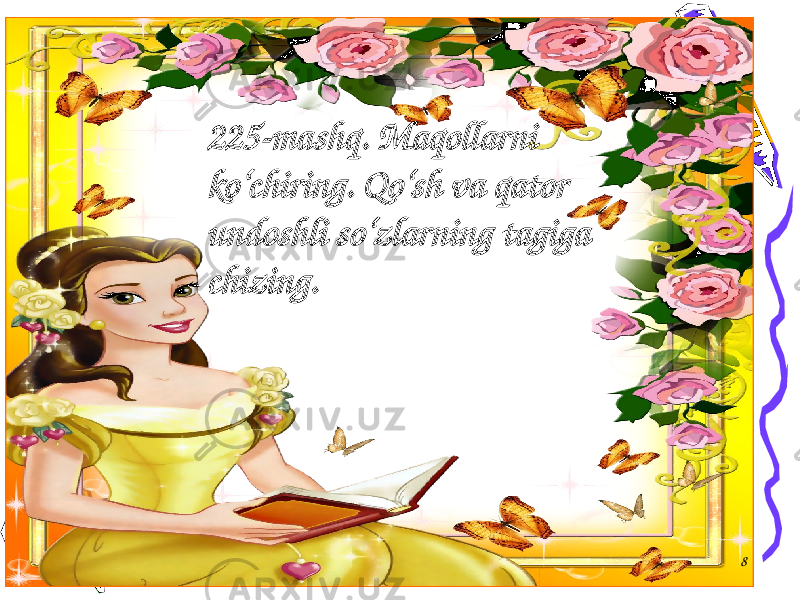 8225-mashq. Maqollarni ko‘chiring. Qo‘sh va qator undoshli so‘zlarning tagiga chizing. 