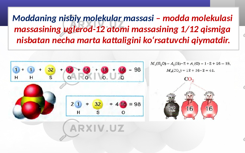 Moddaning nisbiy molekular massasi – modda molekulasi massasining uglerod-12 atomi massasining 1/12 qismiga nisbatan necha marta kattaligini ko‘rsatuvchi qiymatdir. 