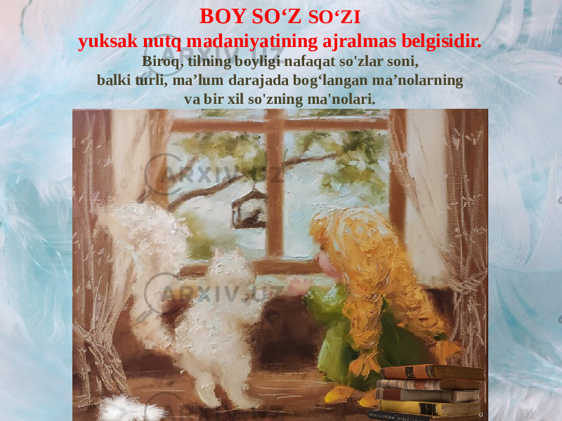 BOY SO‘Z SO‘ZI yuksak nutq madaniyatining ajralmas belgisidir. Biroq, tilning boyligi nafaqat so&#39;zlar soni, balki turli, maʼlum darajada bogʻlangan maʼnolarning va bir xil so&#39;zning ma&#39;nolari. 