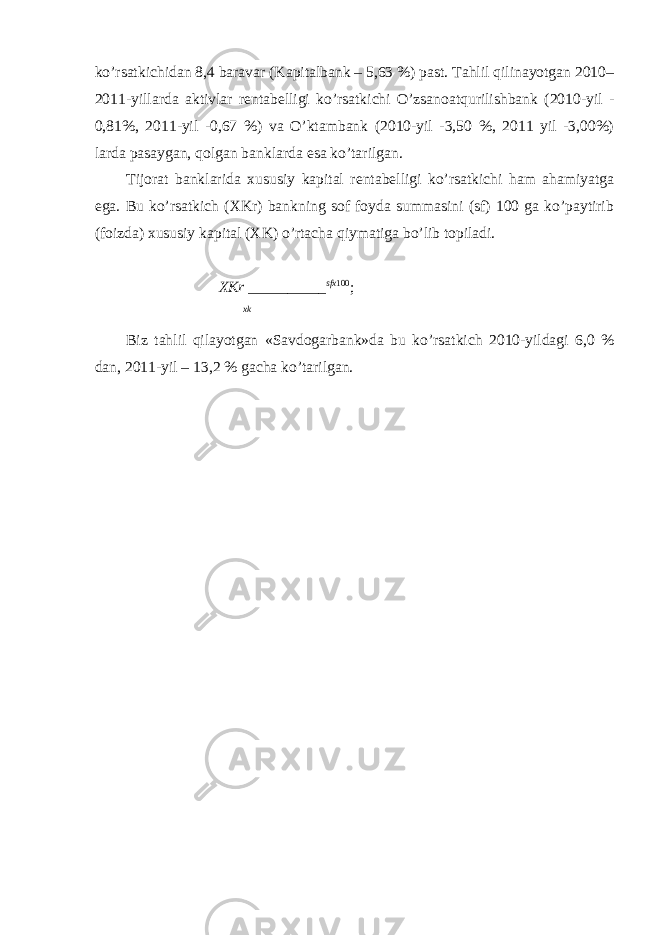 ko’rsatkichidan 8,4 baravar (Kapitalbank – 5,63 %) past. Tahlil qilinayotgan 2010– 2011-yillarda aktivlar rentabelligi ko’rsatkichi O’zsanoatqurilishbank (2010-yil - 0,81%, 2011-yil -0,67 %) va O’ktambank (2010-yil -3,50 %, 2011 yil -3,00%) larda pasaygan, qolgan banklarda esa ko’tarilgan. Tijorat banklarida xususiy kapital rentabelligi ko’rsatkichi ham ahamiyatga ega. Bu ko’rsatkich (XKr) bankning sof foyda summasini (sf) 100 ga ko’paytirib (foizda) xususiy kapital (XK) o’rtacha qiymatiga bo’lib topiladi. XKr __________ sfx 100 ; xk Biz tahlil qilayotgan «Savdogarbank»da bu ko’rsatkich 2010-yildagi 6,0 % dan, 2011-yil – 13,2 % gacha ko’tarilgan. 