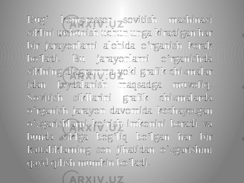 Bug‘ kompressor sovitish mashinasi siklini tushunish uchun unga kiradigan har bir jarayonlarni alohida o‘rganish kerak bo‘ladi. Bu jarayonlarni o‘rganishda siklning diagramma yoki grafik chizmalar idan foydalanish maqsadga muvofiq. Sovitish sikllarini grafik chizmalarda o‘rganish jarayon davomida kechayotgan o‘zgarishlarni ko‘rish imkonini beradi va bunda siklga bog‘liq bo‘lgan har bir kattaliklarning son jihatidan o‘zgarishini qayd qilish mumkin bo‘ladi. 