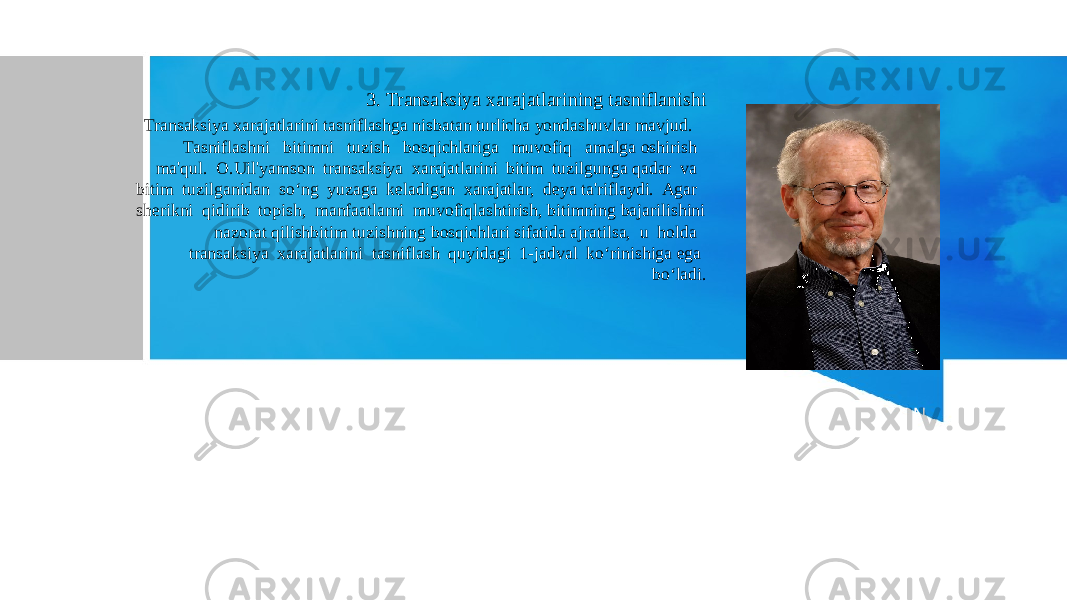 O. uILYAMSON3. Transaksiya xarajatlarining tasniflanishi Transaksiya xarajatlarini tasniflashga nisbatan turlicha yondashuvlar mavjud. Tasniflashni bitimni tuzish bosqichlariga muvofiq amalga oshirish ma&#39;qul. O.Uil&#39;yamson transaksiya xarajatlarini bitim tuzilgunga qadar va bitim tuzilganidan so‘ng yuzaga keladigan xarajatlar, deya ta&#39;riflaydi. Agar sherikni qidirib topish, manfaatlarni muvofiqlashtirish, bitimning bajarilishini nazorat qilishbitim tuzishning bosqichlari sifatida ajratilsa, u holda transaksiya xarajatlarini tasniflash quyidagi 1-jadval ko‘rinishiga ega bo‘ladi. 