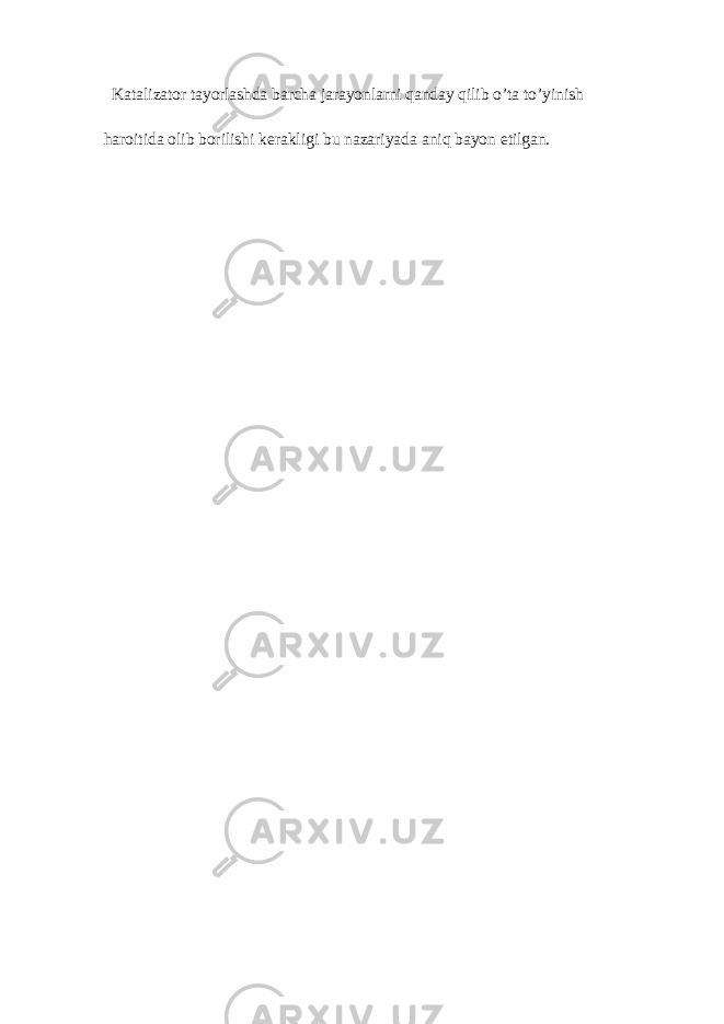 Katalizator tayorlashda barcha jarayonlarni qanday qilib o’ta to’yinish haroitida olib borilishi kerakligi bu nazariyada aniq bayon etilgan. 