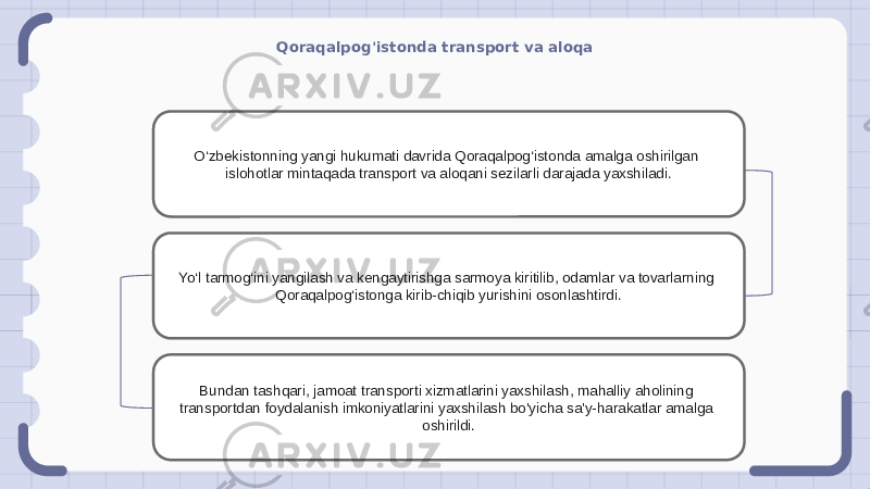 Qoraqalpog&#39;istonda transport va aloqa O‘zbekistonning yangi hukumati davrida Qoraqalpog‘istonda amalga oshirilgan islohotlar mintaqada transport va aloqani sezilarli darajada yaxshiladi. Yo‘l tarmog‘ini yangilash va kengaytirishga sarmoya kiritilib, odamlar va tovarlarning Qoraqalpog‘istonga kirib-chiqib yurishini osonlashtirdi. Bundan tashqari, jamoat transporti xizmatlarini yaxshilash, mahalliy aholining transportdan foydalanish imkoniyatlarini yaxshilash bo&#39;yicha sa&#39;y-harakatlar amalga oshirildi. 