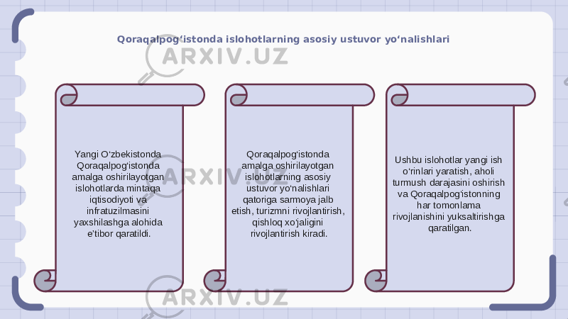 Qoraqalpog‘istonda islohotlarning asosiy ustuvor yo‘nalishlari Yangi O‘zbekistonda Qoraqalpog‘istonda amalga oshirilayotgan islohotlarda mintaqa iqtisodiyoti va infratuzilmasini yaxshilashga alohida e’tibor qaratildi. Qoraqalpog‘istonda amalga oshirilayotgan islohotlarning asosiy ustuvor yo‘nalishlari qatoriga sarmoya jalb etish, turizmni rivojlantirish, qishloq xo‘jaligini rivojlantirish kiradi. Ushbu islohotlar yangi ish o‘rinlari yaratish, aholi turmush darajasini oshirish va Qoraqalpog‘istonning har tomonlama rivojlanishini yuksaltirishga qaratilgan. 