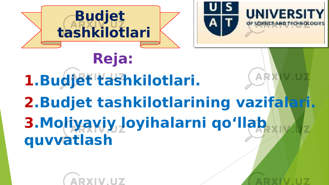  Reja: 1 .Budjet tashkilotlari. 2 .Budjet tashkilotlarining vazifalari. 3 .Moliyaviy loyihalarni qoʻllab quvvatlash Budjet tashkilotlari 