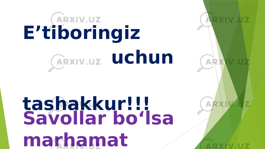 E’tiboringiz uchun tashakkur!!! Savollar boʻlsa marhamat 