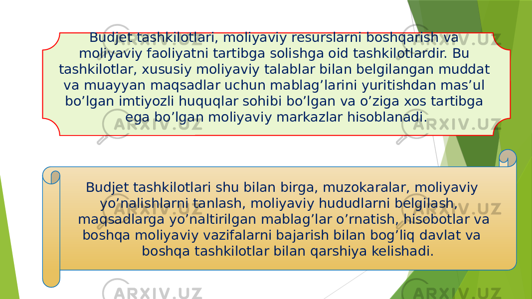 Budjet tashkilotlari, moliyaviy resurslarni boshqarish va moliyaviy faoliyatni tartibga solishga oid tashkilotlardir. Bu tashkilotlar, xususiy moliyaviy talablar bilan belgilangan muddat va muayyan maqsadlar uchun mablag’larini yuritishdan mas’ul bo’lgan imtiyozli huquqlar sohibi bo’lgan va o’ziga xos tartibga ega bo’lgan moliyaviy markazlar hisoblanadi. Budjet tashkilotlari shu bilan birga, muzokaralar, moliyaviy yo’nalishlarni tanlash, moliyaviy hududlarni belgilash, maqsadlarga yo’naltirilgan mablag’lar o’rnatish, hisobotlar va boshqa moliyaviy vazifalarni bajarish bilan bog’liq davlat va boshqa tashkilotlar bilan qarshiya kelishadi. 