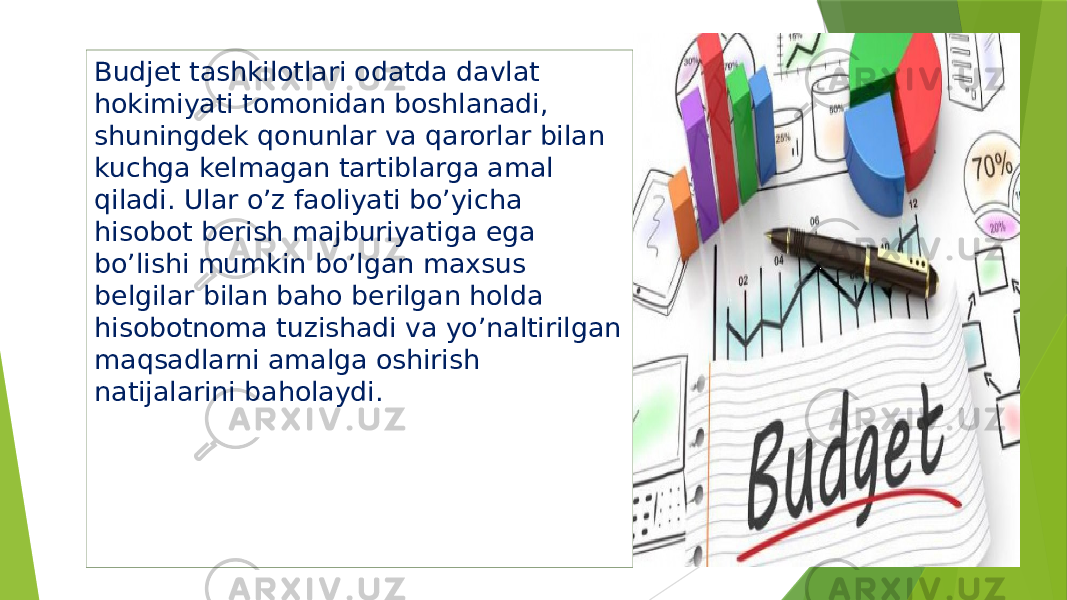 Budjet tashkilotlari odatda davlat hokimiyati tomonidan boshlanadi, shuningdek qonunlar va qarorlar bilan kuchga kelmagan tartiblarga amal qiladi. Ular o’z faoliyati bo’yicha hisobot berish majburiyatiga ega bo’lishi mumkin bo’lgan maxsus belgilar bilan baho berilgan holda hisobotnoma tuzishadi va yo’naltirilgan maqsadlarni amalga oshirish natijalarini baholaydi. 