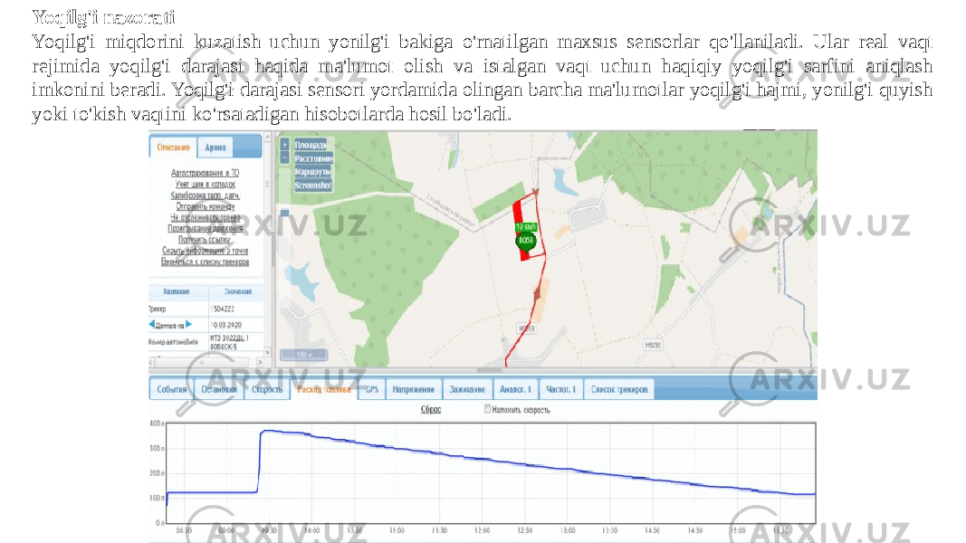 Yoqilg&#39;i nazorati Yoqilg&#39;i miqdorini kuzatish uchun yonilg&#39;i bakiga o&#39;rnatilgan maxsus sensorlar qo&#39;llaniladi. Ular real vaqt rejimida yoqilg&#39;i darajasi haqida ma&#39;lumot olish va istalgan vaqt uchun haqiqiy yoqilg&#39;i sarfini aniqlash imkonini beradi. Yoqilg&#39;i darajasi sensori yordamida olingan barcha ma&#39;lumotlar yoqilg&#39;i hajmi, yonilg&#39;i quyish yoki to&#39;kish vaqtini ko&#39;rsatadigan hisobotlarda hosil bo&#39;ladi. 