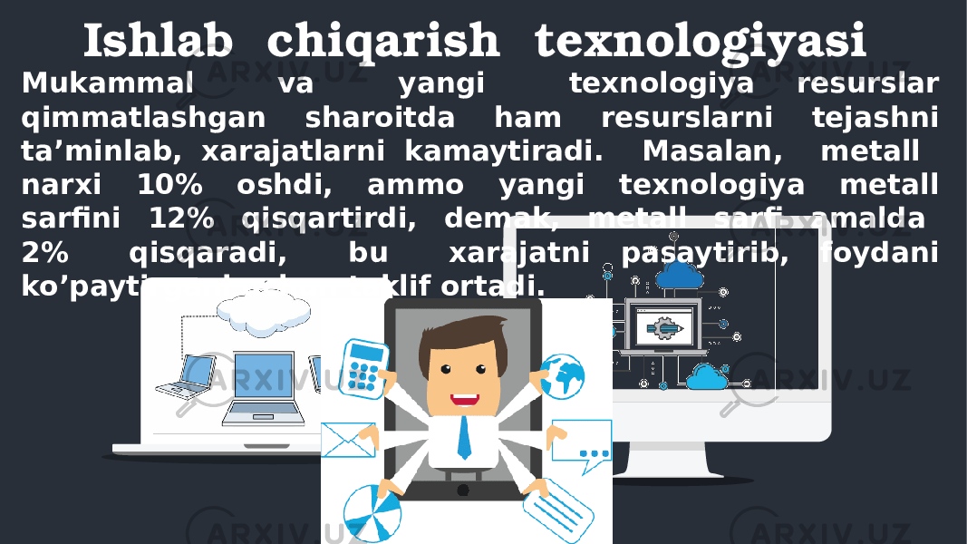  Ishlab chiqarish texnologiyasi Mukammal va yangi texnologiya resurslar qimmatlashgan sharoitda ham resurslarni tejashni ta’minlab, xarajatlarni kamaytiradi. Masalan, metall narxi 10% oshdi, ammo yangi texnologiya metall sarfini 12% qisqartirdi, demak, metall sarfi amalda 2% qisqaradi, bu xarajatni pasaytirib, foydani ko’paytirgani uchun taklif ortadi. 