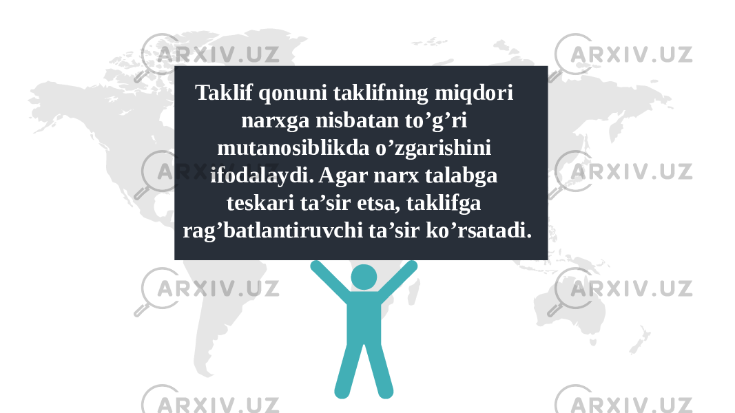 Taklif qonuni taklifning miqdori narxga nisbatan to’g’ri mutanosiblikda o’zgarishini ifodalaydi. Agar narx talabga teskari ta’sir etsa, taklifga rag’batlantiruvchi ta’sir ko’rsatadi. 