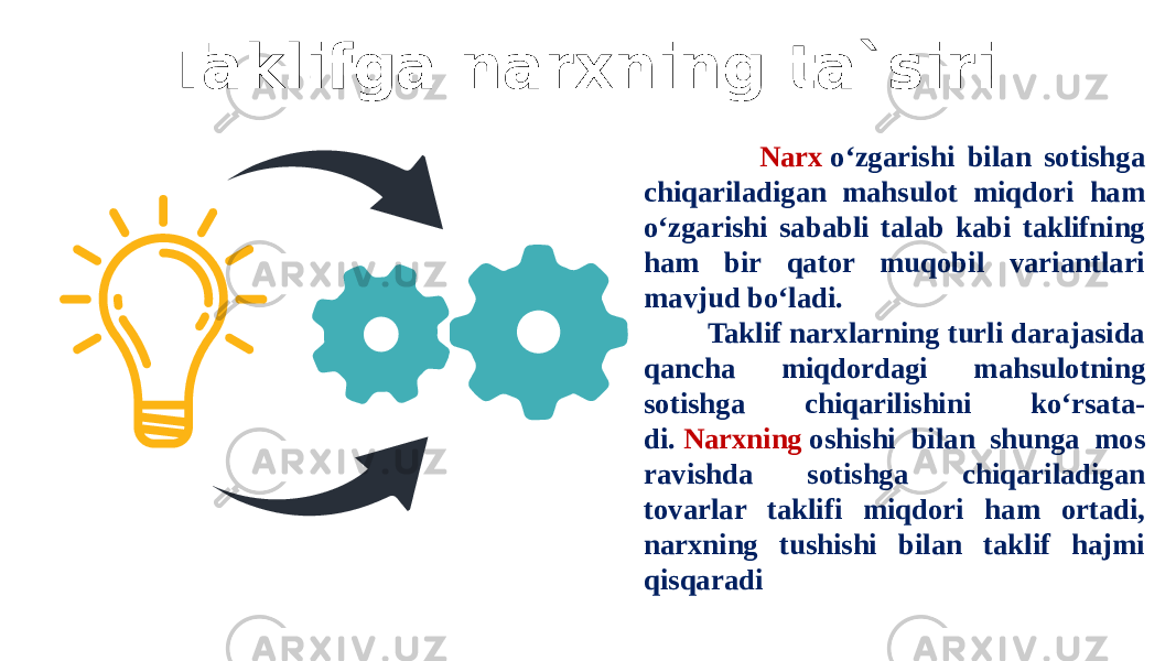 Taklifga narxning ta`siri Narx  oʻzgarishi bilan sotishga chiqariladigan mahsulot miqdori ham oʻzgarishi sababli talab kabi taklifning ham bir qator muqobil variantlari mavjud boʻladi. Taklif narxlarning turli darajasida qancha miqdordagi mahsulotning sotishga chiqarilishini koʻrsata- di.  Narxning  oshishi bilan shunga mos ravishda sotishga chiqariladigan tovarlar taklifi miqdori ham ortadi, narxning tushishi bilan taklif hajmi qisqaradi 