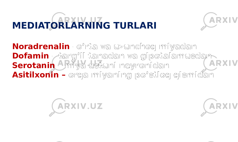 MEDIATORLARNING TURLARI Noradrenalin –o’rta va uzunchoq miyadan Dofamin – targ’il tanadan va gipotalamusdan Serotanin – miya ustuni neyronidan Asitilxonin – orqa miyaning po’stloq qismidan 