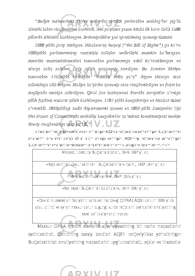 “Budjet tushunchasi O’rta asrlarda qirollik yerlaridan mablag’lar yig’ib olinishi bilan rivojlanishni boshladi. Ikki yoqlama yozuv kitobi ilk bora 1543-1588 yillarda ishlatila boshlangan. Britaniyaliklar pul ajratishning qonuniy tizimini 1688-yilda joriy etishgan. Hisobvaraq huquqi (“the Bill of Rights”) ga ko’ra 1689yilda parlamentning ruxsatisiz soliqlar undirilishi mumkin bo’lmagan. Amerika mustamlakamalari tomonidan parlamentga vakil ko’rsatilmagan va ularga soliq solishni joriy qilish noqonuniy sanalgan. Bu Jonatan Mehyu tomonidan 1750yilda kiritilgan “Vakilsiz soliq yo’q” degan shiorga asos solinishiga olib kelgan. Moliya bo’yicha qonuniy asos rivojlantirilgan va faqat bu Angliyada amalga oshirilgan. Qirol Jon boshqaruvi davrida xarajatlar o’rniga yillik foydani nazorat qilish boshlangan. 1787-yilda buxgalteriya va hisobot tizimi o’rnatildi. 1866yildagi audit departamenti qonuni va 1866-yilda Jamiyatlar Uyi (the House of Commons)da mahalliy buxgalterlar qo’mitasi konstitutsiyasi muhim davriy rivojlanishga asos bo’ldi.” Iqtisodiyoti rivojlangan davlatlardan biri bo’lgan AQShda natijaviylikka yo’naltirilgan Budjetlashtirish amaliyotini joriy etish qariyb 50 yil oldin amalga oshirilgan. AQShning natijaviylikka yo’naltirilgan Budjetlashtirish amaliyoti konsepsiyasini joriy etish bosqichlarini quyidagicha taqsimlash mumkin: Maqsadli-dasturiy Budjet islohotlari, 1949-1962 yillar; «Rejalashtirish-dasturlashtirish - Budjetlashtirish» tizimi, 1962-1971 yillar; «Maqsadlarni boshqarish», 1972-1975 yillar; «Nol asosli Budjetni ishlab chiqish», 1977-1981 yillar; «Davlat muassasalari faoliyatini baholash haqida»gi (GPRA) AQSh qonuni 1993-yilda qabul qilindi va aynan mazkur qonun bugungi kunda natijalarni boshqarish amaliyotining asosi bo’lib xizmat qilmoqda. Mazkur GPRA qonuni davlat Budjet siyosatining bir necha maqsadlarini oydinlashtirdi. Qonunning asosiy bandlari AQSh natijaviylikka yo’naltirilgan Budjetlashtirish amaliyotining maqsadlarini uyg’unlashtiradi, rejalar va hisobotlar 