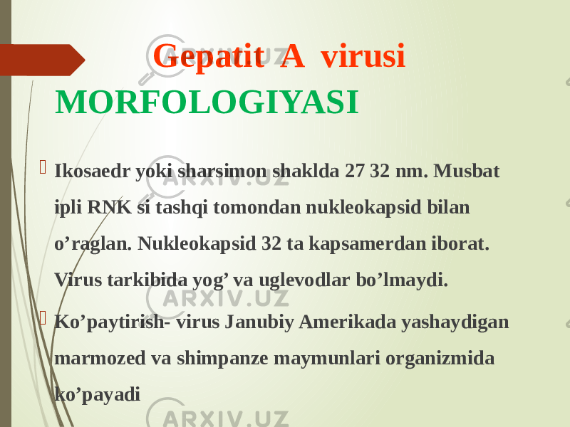  Ikosaedr yoki sharsimon shaklda 27 32 nm. Musbat ipli RNK si tashqi tomondan nukleokapsid bilan o’raglan. Nukleokapsid 32 ta kapsamerdan iborat. Virus tarkibida yog’ va uglevodlar bo’lmaydi.  Ko’paytirish- virus Janubiy Amerikada yashaydigan marmozed va shimpanze maymunlari organizmida ko’payadi Gepatit A virusi MORFOLOGIYASI 