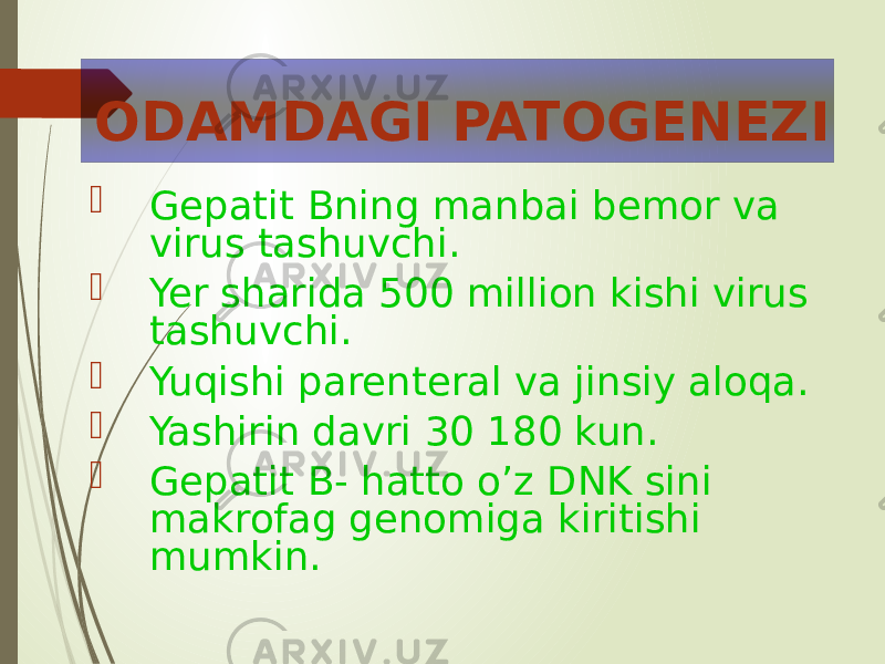  Gepatit Bning manbai bemor va virus tashuvchi.  Yer sharida 500 million kishi virus tashuvchi.  Yuqishi parenteral va jinsiy aloqa.  Yashirin davri 30 180 kun.  Gepatit B- hatto o’z DNK sini makrofag genomiga kiritishi mumkin. ODAMDAGI PATOGENEZI 