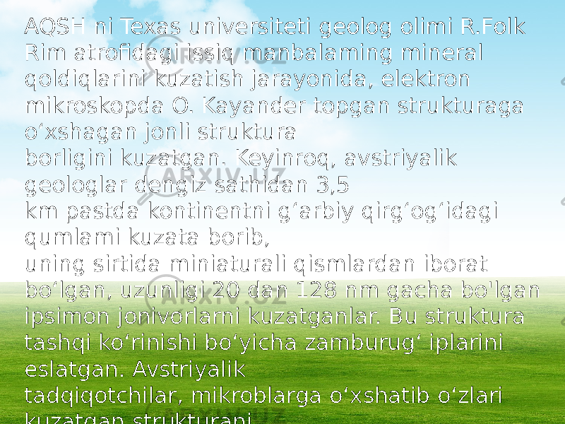 AQSH ni Texas universiteti geolog olimi R.Folk Rim atrofidagi issiq manbalaming mineral qoldiqlarini kuzatish jarayonida, elektron mikroskopda O. Kayander topgan strukturaga o‘xshagan jonli struktura borligini kuzatgan. Keyinroq, avstriyalik geologlar dengiz sathidan 3,5 km pastda kontinentni g‘arbiy qirg‘og‘idagi qumlami kuzata borib, uning sirtida miniaturali qismlardan iborat bo‘lgan, uzunligi 20 dan 128 nm gacha bo&#39;lgan ipsimon jonivorlarni kuzatganlar. Bu struktura tashqi ko‘rinishi bo‘yicha zamburug‘ iplarini eslatgan. Avstriyalik tadqiqotchilar, mikroblarga o‘xshatib o‘zlari kuzatgan strukturani «nanobam» lar deb ataganlar. 