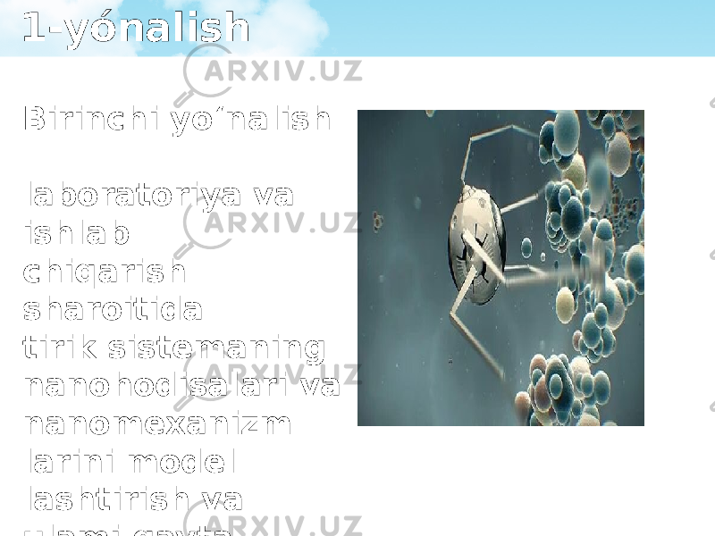 1-yónalish Birinchi yo‘nalish - laboratoriya va ishlab chiqarish sharoitida tirik sistemaning nanohodisalari va nanomexanizm - larini model - lashtirish va ulami qayta tiklash masalalari bilan shug&#39;ul - lanadi. 