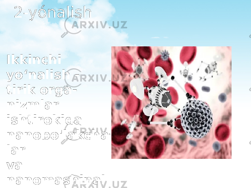 2-yónalish Ikkinchi yo‘nalish - tirik orga - nizmlar ishtirokida nanobo&#39;lakcha lar va nanomashinal ar yaratish bi - lan shug‘ullanadi. 