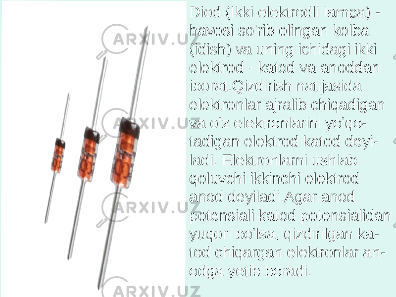 Diod (Ikki elektrodli lampa) - havosi so&#39;rib olingan kolba (idish) va uning ichidagi ikki elektrod - katod va anoddan iborat.Qizdirish natijasida elektronlar ajralib chiqadigan va oʻz elektronlarini yo&#39;qo - tadigan elektrod katod deyi - ladi. Elektronlarni ushlab qoluvchi ikkinchi elektrod anod deyiladi.Agar anod potensiali katod potensialidan yuqori bo&#39;lsa, qizdirilgan ka - tod chiqargan elektronlar an - odga yetib boradi. 