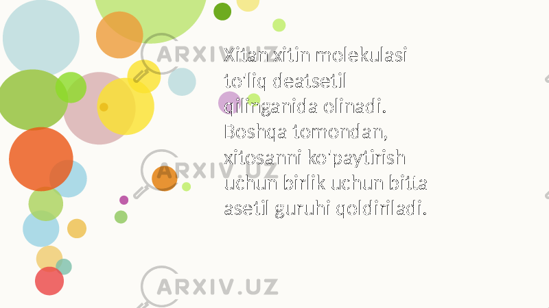 Xitan xitin molekulasi to&#39;liq deatsetil qilinganida olinadi. Boshqa tomondan, xitosanni ko&#39;paytirish uchun birlik uchun bitta asetil guruhi qoldiriladi. 