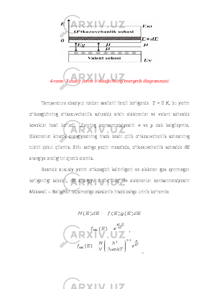 4-rasm. Xususiy yarim o‘tkazgichning energetik diagrammasi Temperatura absolyut noldan sezilarli farqli bo‘lganda T = 0 K , bu yarim o‘tkazgichning o‘tkazuvchanlik sohasida erkin elektronlar va valent sohasida kovaklar hosil bo‘ladi. Ularning kontsentratsiyasini n va p deb belgilaymiz. Elektronlar kinetik energiyasining hisob boshi qilib o‘tkazuvchanlik sohasining tubini qabul qilamiz. SHu sathga yaqin masofada, o‘tkazuvchanlik sohasida dE energiya oralig‘ini ajratib olamiz. Rasmda xususiy yarim o‘tkazgich keltirilgani va elektron gaz aynimagan bo‘lganligi sababli, dE energiya oralig‘idagi dn elektronlar kontsentratsiyasini Maksvell – Boltsman taqsimotiga asoslanib hisoblashga urinib ko‘ramiz:dE E g E f dE E N ) ( ) ( ) (  kT E МБ e E f    ) ( , kT E МБ e mkT h V N E f 2/3 2 2 ) (         , 