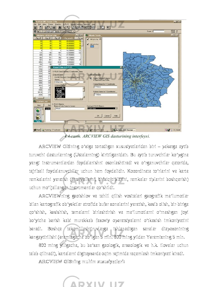 ARCVIEW GISning o’ziga tortadigan xususiyatlaridan biri – paketga aytib turuvchi dasturlarning (Ustalarning) kiritilganidair. Bu aytib turuvchilar ko’pgina yangi instrumentlardan foydalanishni osonlashtiradi va o’rganuvchilar qatorida, tajribali foydalanuvchilar uchun ham foydalidir. Kooordinata to’rlarini va karta ramkalarini yaratish (intervallarni, chiziq tiplarini, ramkalar tiplarini boshqarish) uchun mo’ljallangan instrumentlar qo’shildi. ARCVIEWning geoishlov va tahlil qilish vositalari geografik ma’lumotlar bilan kartografik ob’yektlar atrofida bufer zonalarini yaratish, kesib olish, bir-biriga qo’shish, kesishish, temalarni birlashtirish va ma’lumotlarni o’rnashgan joyi bo’yicha berish kabi murakkab fazoviy operatsiyalarni o’tkazish imkoniyatini beradi. Boshqa takomillashtiruvlarga ishlanadigan sanalar diapazonining kengaytirilishi (eramizgacha bo’lgan 5 mln. 800 ming yildan Yeramizning 5 mln. 800 ming yiligacha, bu ba’zan gaologik, arxeologik va h.k. ilovalar uchun talab qilinadi), kartalarni digitayzerda oqim rejimida raqamlash imkoniyati kiradi. ARCVIEW GISning muhim xususiyatlari: 