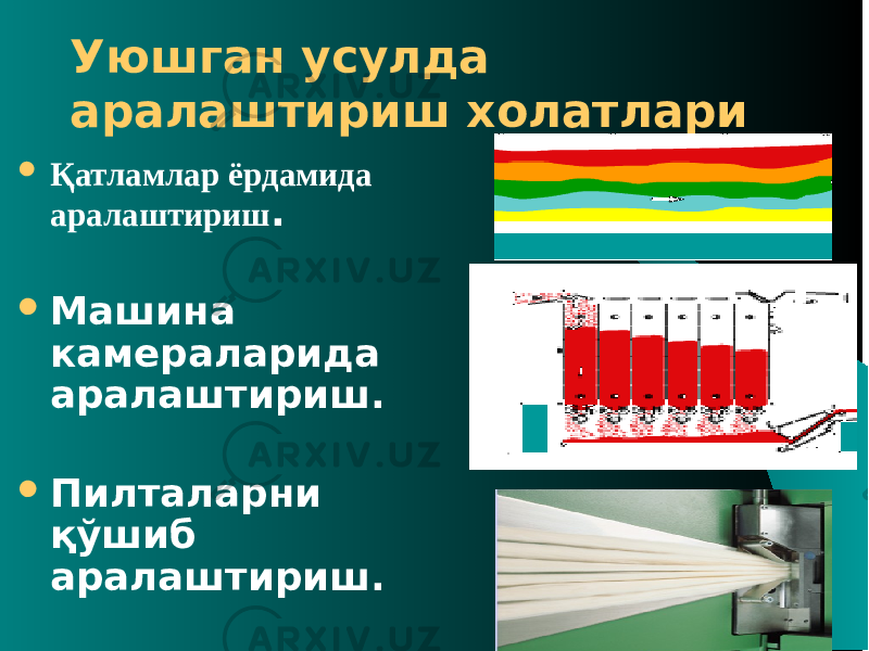 Уюшган усулда аралаштириш холатлари  Қатламлар ёрдамида аралаштириш .  Машина камераларида аралаштириш.  Пилталарни қўшиб аралаштириш. 