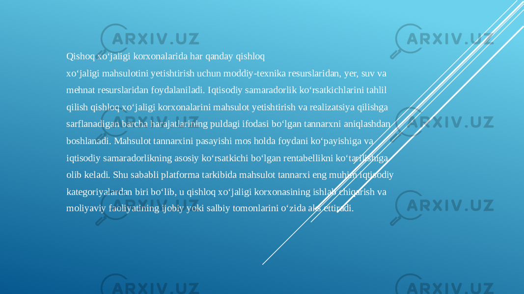 Qishoq xo‘jaligi korxonalarida har qanday qishloq xo‘jaligi mahsulotini yetishtirish uchun moddiy-texnika resurslaridan, yer, suv va mehnat resurslaridan foydalaniladi. Iqtisodiy samaradorlik ko‘rsatkichlarini tahlil qilish qishloq xo‘jaligi korxonalarini mahsulot yetishtirish va realizatsiya qilishga sarflanadigan barcha harajatlarining puldagi ifodasi bo‘lgan tannarxni aniqlashdan boshlanadi. Mahsulot tannarxini pasayishi mos holda foydani ko‘payishiga va iqtisodiy samaradorlikning asosiy ko‘rsatkichi bo‘lgan rentabellikni ko‘tarilishiga olib keladi. Shu sababli platforma tarkibida mahsulot tannarxi eng muhim iqtisodiy kategoriyalardan biri bo‘lib, u qishloq xo‘jaligi korxonasining ishlab chiqarish va moliyaviy faoliyatining ijobiy yoki salbiy tomonlarini o‘zida aks ettiradi. 