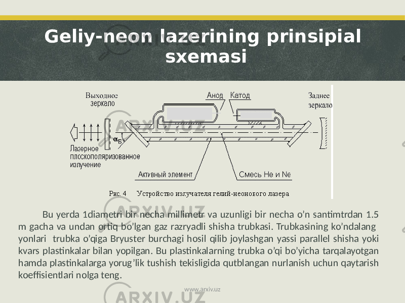 Geliy-neon lazerining prinsipial sxemasi Bu yerda 1diametri bir necha millimetr va uzunligi bir necha o’n santimtrdan 1.5 m gacha va undan ortiq bo’lgan gaz razryadli shisha trubkasi. Trubkasining ko’ndalang yonlari trubka o’qiga Bryuster burchagi hosil qilib joylashgan yassi parallel shisha yoki kvars plastinkalar bilan yopilgan. Bu plastinkalarning trubka o’qi bo’yicha tarqalayotgan hamda plastinkalarga yorug’lik tushish tekisligida qutblangan nurlanish uchun qaytarish koeffisientlari nolga teng. www.arxiv.uz 