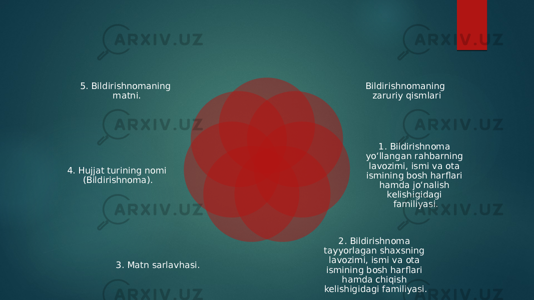 Bildirishnomaning zaruriy qismlari 1. Bildirishnoma yo‘llangan rahbarning lavozimi, ismi va ota ismining bosh harflari hamda jo‘nalish kelishigidagi familiyasi. 2. Bildirishnoma tayyorlagan shaxsning lavozimi, ismi va ota ismining bosh harflari hamda chiqish kelishigidagi familiyasi. 3. Matn sarlavhasi. 4. Hujjat turining nomi (Bildirishnoma). 5. Bildirishnomaning matni. 