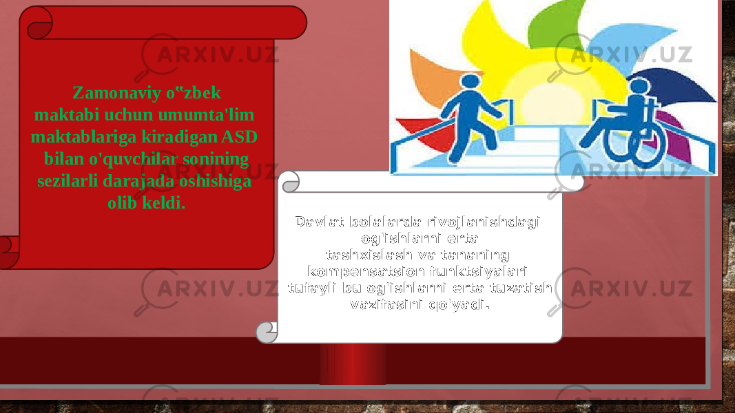 Zamonaviy o‟zbek maktabi uchun umumta&#39;lim maktablariga kiradigan ASD bilan o&#39;quvchilar sonining sezilarli darajada oshishiga olib keldi. Davlat bolalarda rivojlanishdagi og&#39;ishlarni erta tashxislash va tananing kompensatsion funktsiyalari tufayli bu og&#39;ishlarni erta tuzatish vazifasini qo&#39;yadi. 