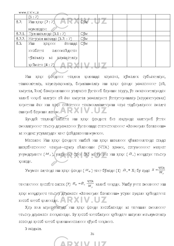 www.arxiv.uz (5 : 7) 8.2. Иш ҳақи (2 : 7) жумладан: Сўм 8.2.1. Пул шаклида (3.1 : 7) Сўм 8.2.2. Натурал шаклда (3.2. : 7) Сўм 8.3. Иш ҳақини ёзишда инобатга олинмайдиган тўловлар ва харажатлар қиймати (4 : 7) Сўм Иш ҳақи фондини таҳлил қилишда корхона, ҳўжалик субъектлари, ташкилотлар, корпорациялар, бирлашмалар иш ҳақи фонди режасининг (ой, квартал, йил) бажарилишини узлуксиз ўрганиб бориши зарур, ўз имкониятларидан келиб чиқиб келгуси ой ёки квартал режаларига ўзгартиришлар (корректировка) киритиш ёки иш ҳақи сиёсатини такомиллаштириш чора тадбирларини амалга ошириб бориши лозим. Бундай таҳлил албатта иш ҳақи фондига биз юқорида келтириб ўтган омилларнинг таъсир даражасини ўрганишда статистиканинг «Занжирли боғланиш» ва индекс усуллардан кенг фойдаланиш мумкин. Масалан: Иш ҳақи фондига ишбай иш ҳақи шаклини қўлланилганда савдо шаҳобчасининг чакана товар айланиши (ЧТА) ҳажми, сотувчининг меҳнат унумдорлиги (у М ), уларнинг сони (Х) ва ўртача иш ҳақи ( х Й ) миқдори таъсир қилади. Умуман олганда иш ҳақи фонди ( ф И ) тенг бўлади (1) х Й * Х; бу ерда у М ЧТА Х  тенглигини ҳисобга олсак (2) у х ф М ЧТА Й И   келиб чиқади. Ушбу учта омилнинг иш ҳақи миқдорига таъсир даражаси «Занжирли боғланиш» усули орқали қуйидагича хисоб китоб қилинади. Ҳар хил вариантларда иш ҳақи фонди хисобланади ва тегишли омилнинг таъсир даражаси аниқланади. Бу ҳисоб-китобларни қуйидаги шартли маълумотлар асосида ҳисоб-китоб қилиш мисолини кўриб чиқамиз. 3-жадвал. 35 