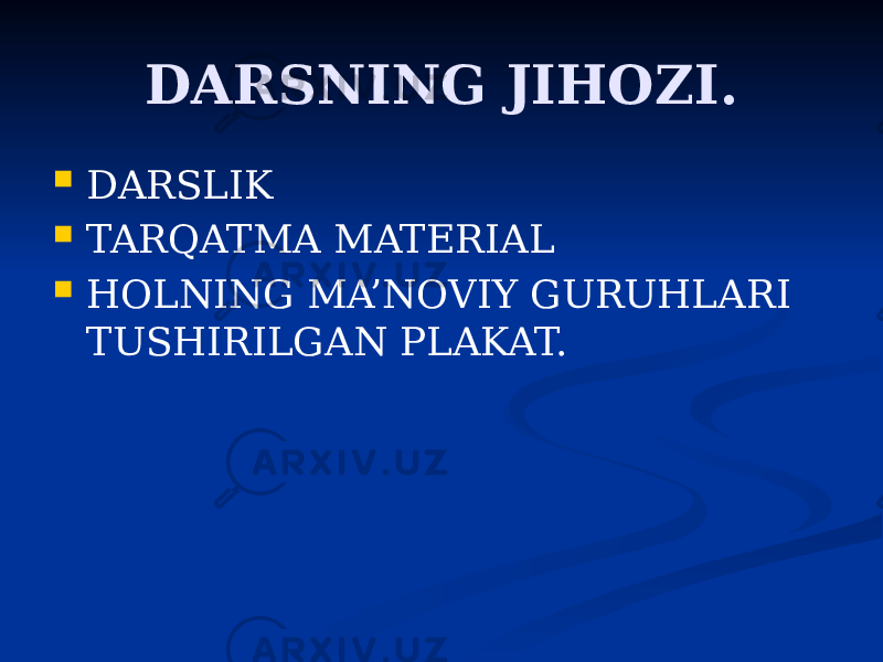 DARSNING JIHOZI.  DARSLIK  TARQATMA MATERIAL  HOLNING MA’NOVIY GURUHLARI TUSHIRILGAN PLAKAT. 