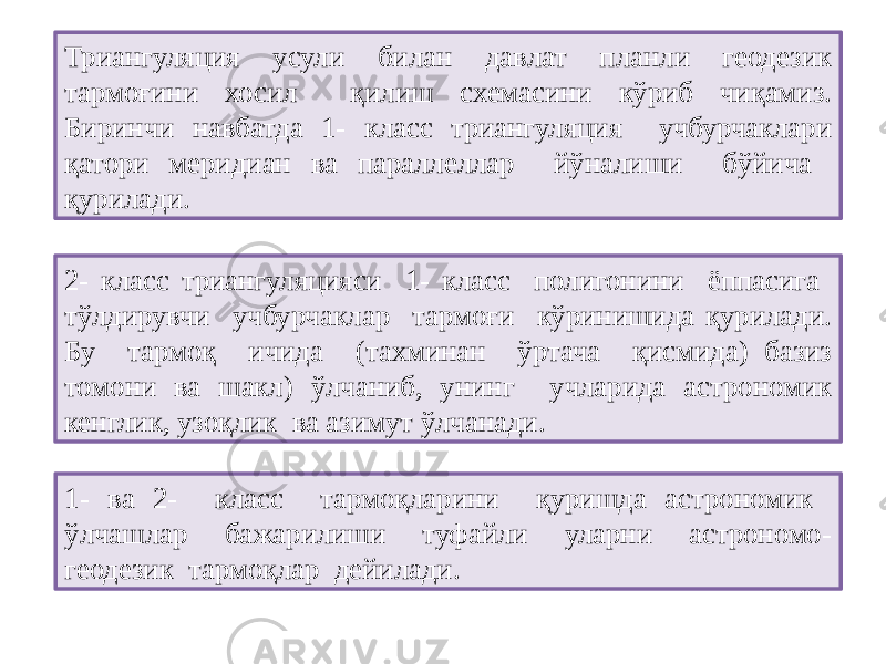 Триангуляция усули билан давлат планли геодезик тармоғини хосил қилиш схемасини кўриб чиқамиз. Биринчи навбатда 1- класс триангуляция учбурчаклари қатори меридиан ва параллеллар йўналиши бўйича қурилади. 2- класс триангуляцияси 1- класс полигонини ёппасига тўлдирувчи учбурчаклар тармоғи кўринишида қурилади. Бу тармоқ ичида (тахминан ўртача қисмида) базиз томони ва шакл) ўлчаниб, унинг учларида астрономик кенглик, узоқлик ва азимут ўлчанади. 1- ва 2- класс тармоқларини қуришда астрономик ўлчашлар бажарилиши туфайли уларни астрономо- геодезик тармоқлар дейилади. 