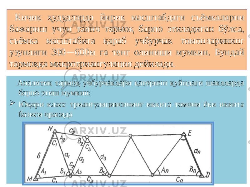 Кичик ҳудудларда йирик масштабдаги съёмкаларни бажариш учун таянч тармоқ барпо этиладиган бўлса, съёмка масштабига қараб учбурчак томонларининг узунлиги 300 — 600м га тенг олиниши мумкин. Бундай тармоққа микротриангуляция дейилади. Аналитик тармоқ учбурчаклари қаторини қуйидаги шаклларда барпо этиш мумкин:  Юқори класс триангуляциясининг иккита томони ёки иккита базиси орасида 